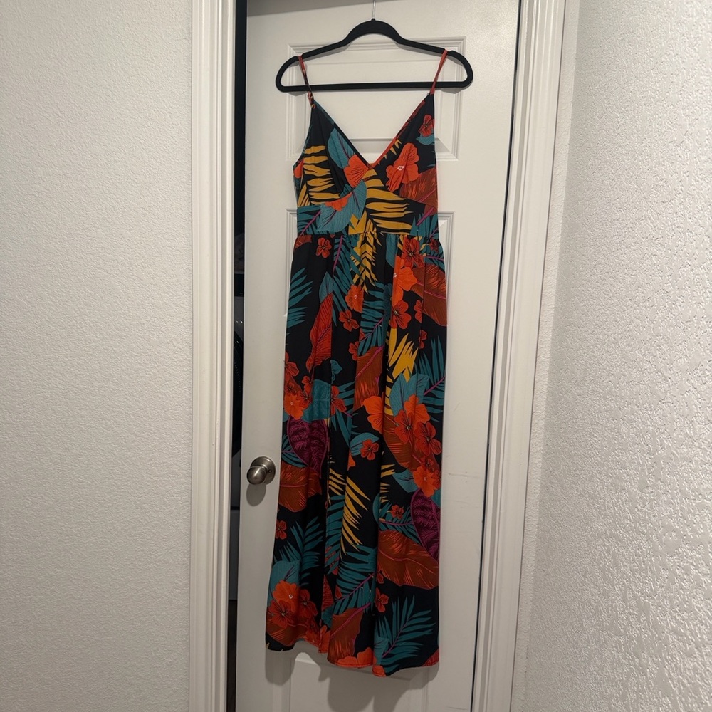 Tropical Floral Maxi Dress in Black with Teal & Orange
